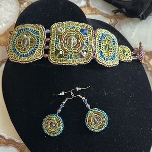 Hand Beaded Greens & Blues Toggle Cuff Bracelet & Earrings-boutique